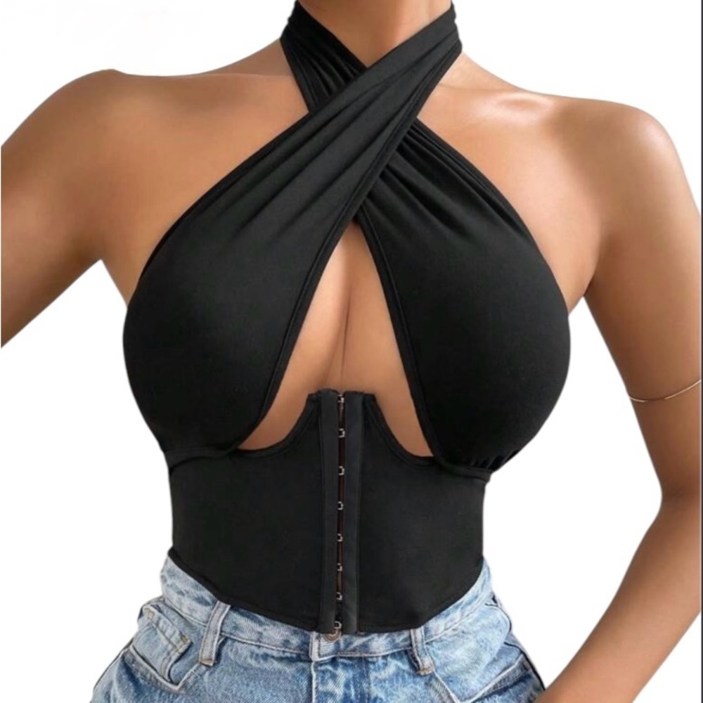 Black Halter Crop Top XS - Corset Waist, Front Cutout, No Lining, Never Worn